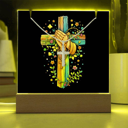 Praying Hands & Rosary Rainbow Cross Acrylic Keepsake Plaque – Christian Gift for Kids