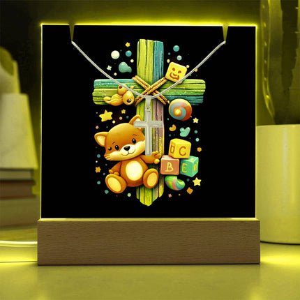 Kitten & ABC Blocks Rainbow Cross Acrylic Keepsake Plaque – Christian Gift for Kids