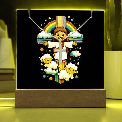 Jesus & Little Lambs Rainbow Acrylic Keepsake Plaque – Christian Gift for Kids