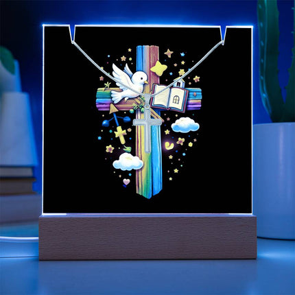 Dove & Open Bible Rainbow Cross Acrylic Keepsake Plaque – Christian Gift for Kids