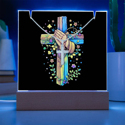 Praying Hands & Rosary Rainbow Cross Acrylic Keepsake Plaque – Christian Gift for Kids