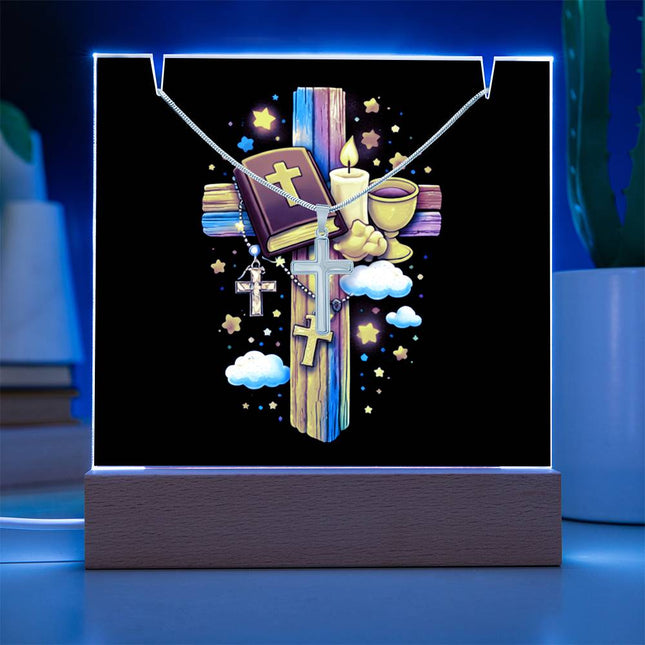 First Communion Bible & Chalice Rainbow Cross Acrylic Keepsake Plaque – Christian Gift for Kids