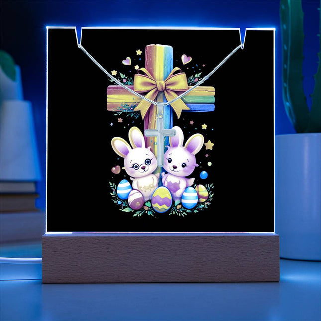 Easter Bunnies & Eggs Rainbow Cross Acrylic Keepsake Plaque – Christian Gift for Kids