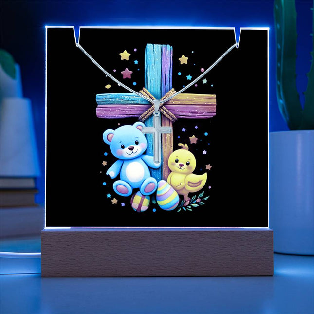 Rainbow Cross Teddy Bear & Chick Acrylic Keepsake Plaque – Christian Gift for Kids