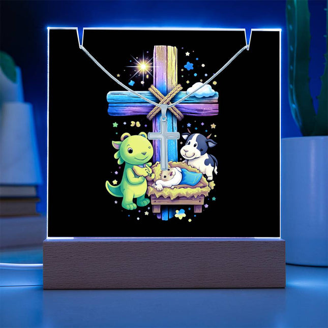 Baby Jesus Nativity & Dino Rainbow Cross Acrylic Keepsake Plaque – Christian Gift for Kids