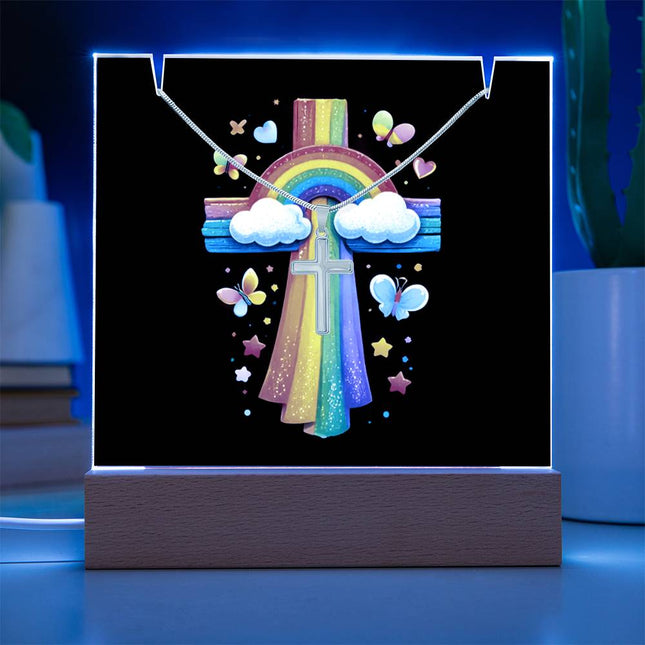Rainbow & Clouds Cross Acrylic Keepsake Plaque – Christian Gift for Kids