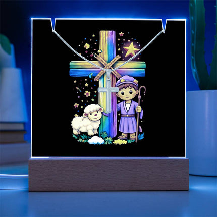 Shepherd Boy & Lamb Rainbow Cross Acrylic Keepsake Plaque – Christian Gift for Kids