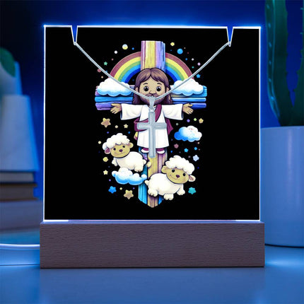 Jesus & Little Lambs Rainbow Acrylic Keepsake Plaque – Christian Gift for Kids