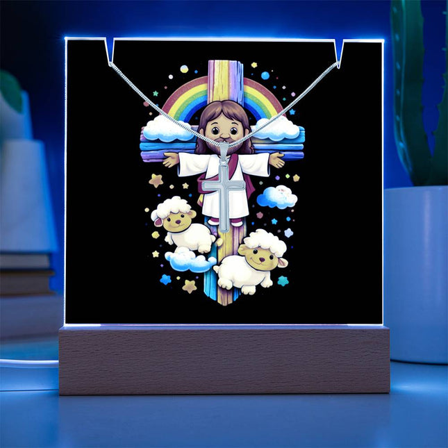 Jesus & Little Lambs Rainbow Acrylic Keepsake Plaque – Christian Gift for Kids