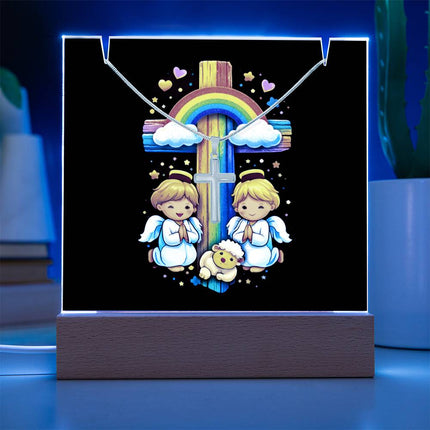 Angels & Lamb Rainbow Cross Acrylic Keepsake Plaque – Christian Gift for Kids