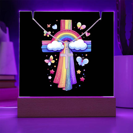 Rainbow & Clouds Cross Acrylic Keepsake Plaque – Christian Gift for Kids