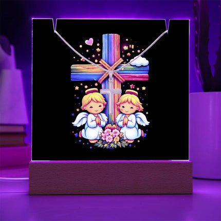 Praying Angels Rainbow Cross Acrylic Keepsake Plaque – Christian Gift for Kids