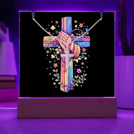 Praying Hands & Rosary Rainbow Cross Acrylic Keepsake Plaque – Christian Gift for Kids