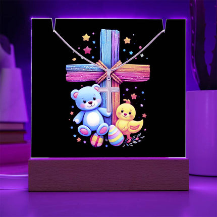 Rainbow Cross Teddy Bear & Chick Acrylic Keepsake Plaque – Christian Gift for Kids