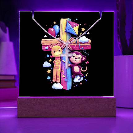 Giraffe & Monkey Rainbow Cross Acrylic Keepsake Plaque – Christian Gift for Kids