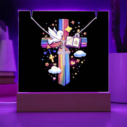 Dove & Open Bible Rainbow Cross Acrylic Keepsake Plaque – Christian Gift for Kids