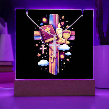 First Communion Bible & Chalice Rainbow Cross Acrylic Keepsake Plaque – Christian Gift for Kids