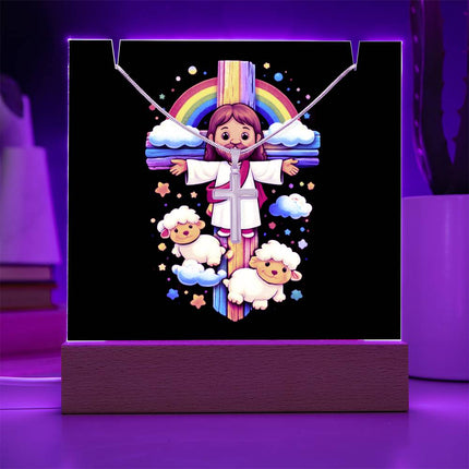 Jesus & Little Lambs Rainbow Acrylic Keepsake Plaque – Christian Gift for Kids