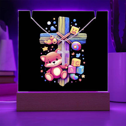 Kitten & ABC Blocks Rainbow Cross Acrylic Keepsake Plaque – Christian Gift for Kids