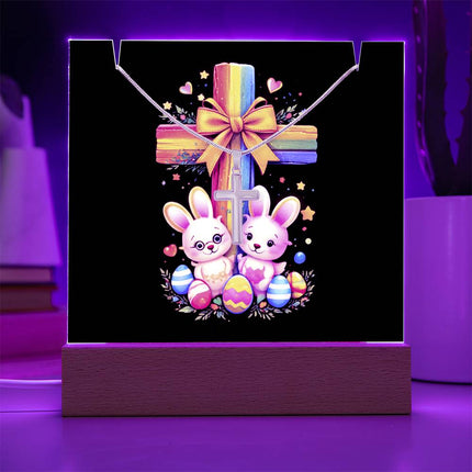Easter Bunnies & Eggs Rainbow Cross Acrylic Keepsake Plaque – Christian Gift for Kids