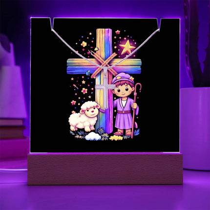 Shepherd Boy & Lamb Rainbow Cross Acrylic Keepsake Plaque – Christian Gift for Kids