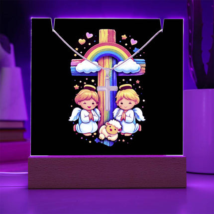Angels & Lamb Rainbow Cross Acrylic Keepsake Plaque – Christian Gift for Kids