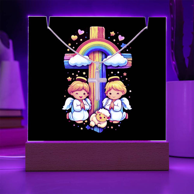 Rainbow Cross Cherub Angels | Christian Keepsake Acrylic Bundle Cross Necklace | Gift for Kids