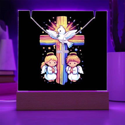 Dove & Praying Angels Rainbow Cross Acrylic Keepsake Plaque – Christian Gift for Kids