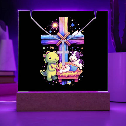 Baby Jesus Nativity & Dino Rainbow Cross Acrylic Keepsake Plaque – Christian Gift for Kids
