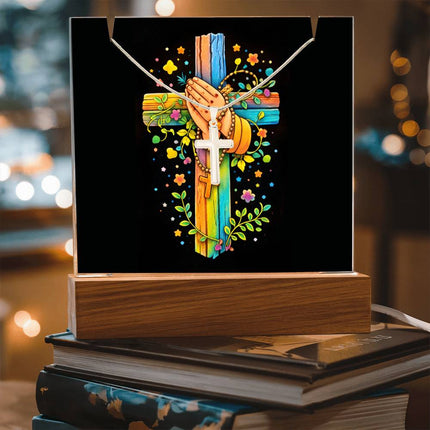 Praying Hands & Rosary Rainbow Cross Acrylic Keepsake Plaque – Christian Gift for Kids