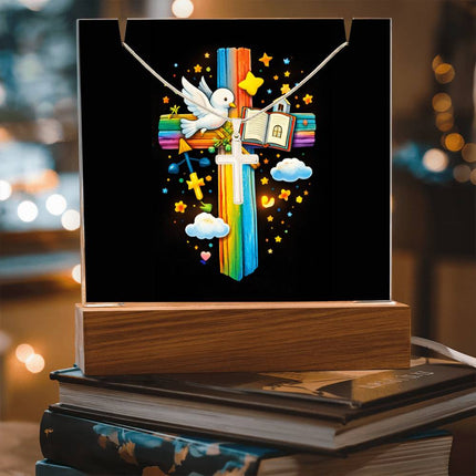 Dove & Open Bible Rainbow Cross Acrylic Keepsake Plaque – Christian Gift for Kids