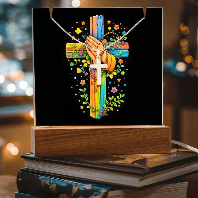 Rainbow Cross Praying Hands | Christian Keepsake Acrylic Bundle Cross Necklace | Gift for Kids