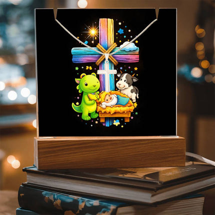 Baby Jesus Nativity & Dino Rainbow Cross Acrylic Keepsake Plaque – Christian Gift for Kids