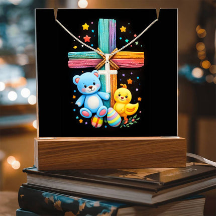 Rainbow Cross Teddy Bear & Chick Acrylic Keepsake Plaque – Christian Gift for Kids