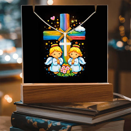 Praying Angels Rainbow Cross Acrylic Keepsake Plaque – Christian Gift for Kids