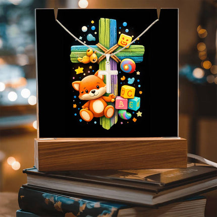 Kitten & ABC Blocks Rainbow Cross Acrylic Keepsake Plaque – Christian Gift for Kids
