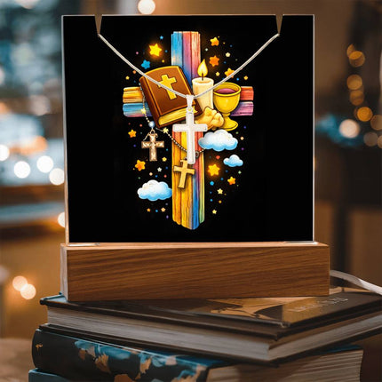 First Communion Bible & Chalice Rainbow Cross Acrylic Keepsake Plaque – Christian Gift for Kids