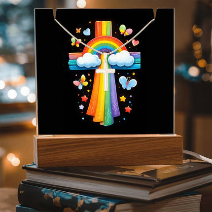 Rainbow & Clouds Cross Acrylic Keepsake Plaque – Christian Gift for Kids