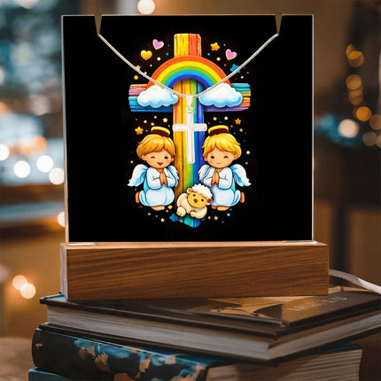 Angels & Lamb Rainbow Cross Acrylic Keepsake Plaque – Christian Gift for Kids
