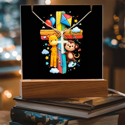 Giraffe & Monkey Rainbow Cross Acrylic Keepsake Plaque – Christian Gift for Kids