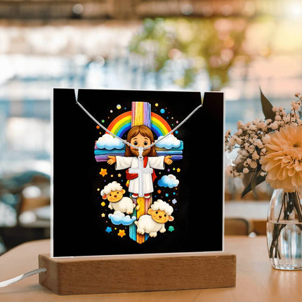 Jesus & Little Lambs Rainbow Acrylic Keepsake Plaque – Christian Gift for Kids