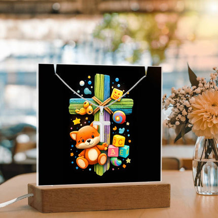 Kitten & ABC Blocks Rainbow Cross Acrylic Keepsake Plaque – Christian Gift for Kids