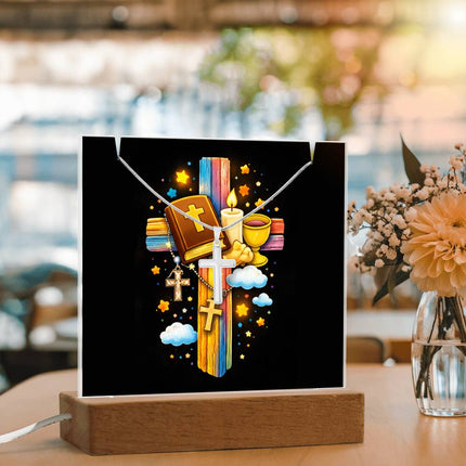 First Communion Bible & Chalice Rainbow Cross Acrylic Keepsake Plaque – Christian Gift for Kids