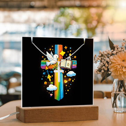 Dove & Open Bible Rainbow Cross Acrylic Keepsake Plaque – Christian Gift for Kids