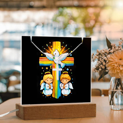Dove & Praying Angels Rainbow Cross Acrylic Keepsake Plaque – Christian Gift for Kids