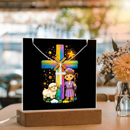 Shepherd Boy & Lamb Rainbow Cross Acrylic Keepsake Plaque – Christian Gift for Kids
