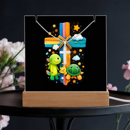 Cuddly Turtles Rainbow Cross Acrylic Keepsake Plaque – Christian Gift for Kids