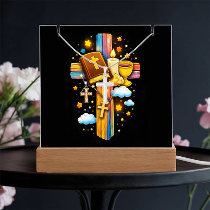 First Communion Bible & Chalice Rainbow Cross Acrylic Keepsake Plaque – Christian Gift for Kids