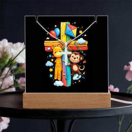 Giraffe & Monkey Rainbow Cross Acrylic Keepsake Plaque – Christian Gift for Kids