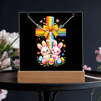 Easter Bunnies & Eggs Rainbow Cross Acrylic Keepsake Plaque – Christian Gift for Kids